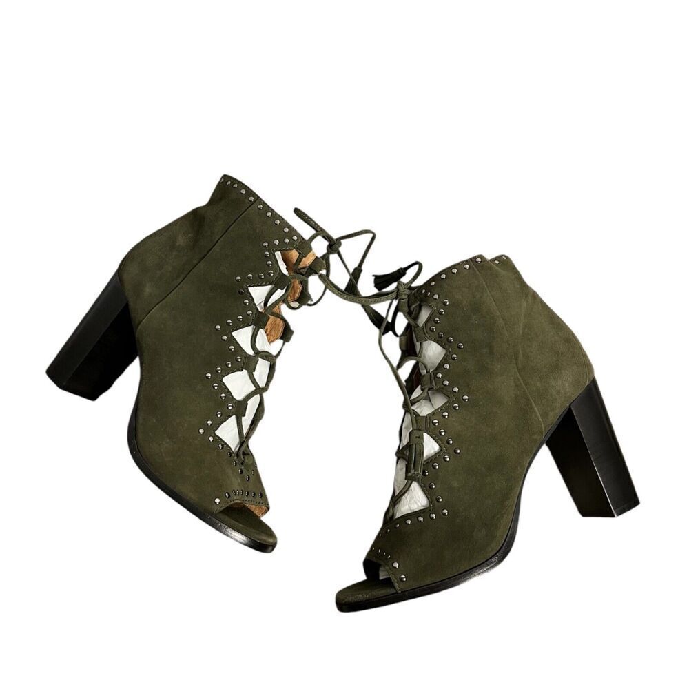 Frye Gabby Ghille Suede Lace Up Booties Peep Toe Women's 9 Green Studded